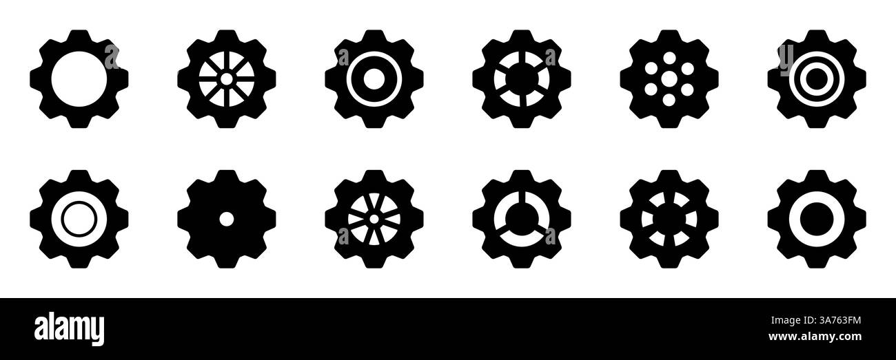 Symbolsatz Gänge. Symbol für Gangeinstellung. Sammlung mechanischer Zahnräder. Einfache Zahnradsammlung. Zahnradsymbole. Vektordarstellung mit Zahnrädern Stock Vektor