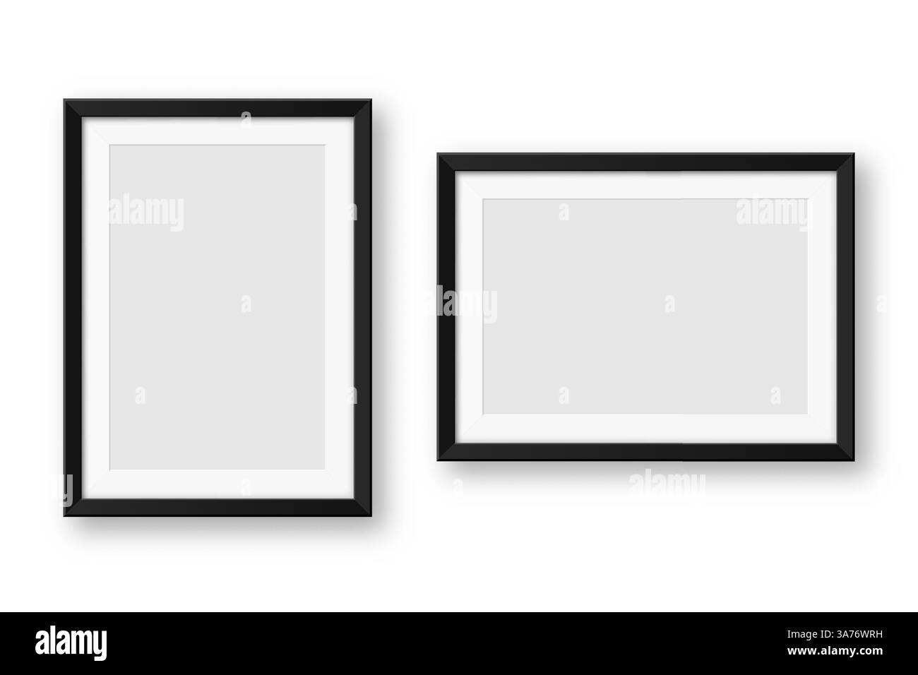 Realistische Sammlung von leeren schwarzen Bilderrahmen. Modernes Postermockup für Kunstwerke, Fotografien oder Werbung. Perfekt für Kunstgalerien und Innenräume Stock Vektor