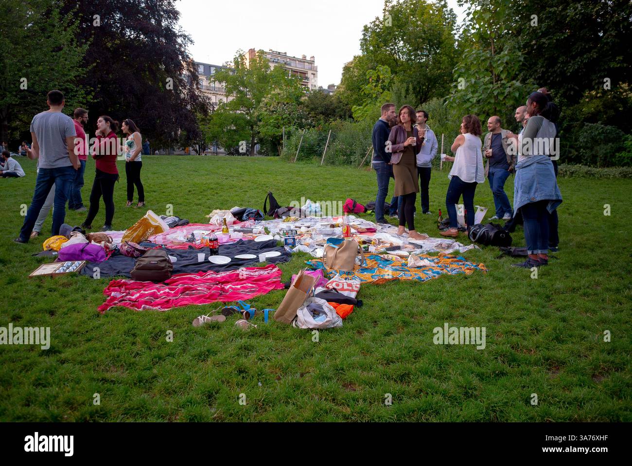 Paris, Frankreich, Crowd Junge Franzosen, AIDES Association Picknick, Entspannen im öffentlichen Park, Parc Buttes Chaumont, Stockfoto