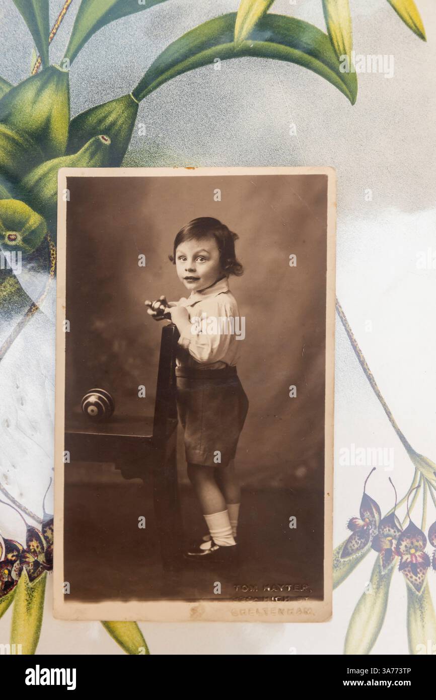 Vintage-Sepia-Fotografie eines Kleinkindes, das neben einem Stuhl steht, eingerahmt vor einem Hintergrund mit botanischem Druck Stockfoto