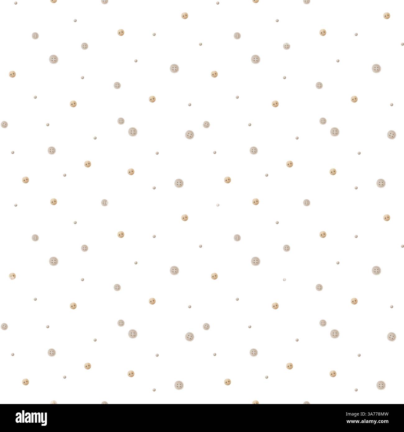 Beige Knöpfe mit nahtlosem Muster zum Nähen und Basteln. Aquarelldruck im Retro-Pastellstil. Handgezeichnete Illustration isoliert auf Hintergrund für Stockfoto
