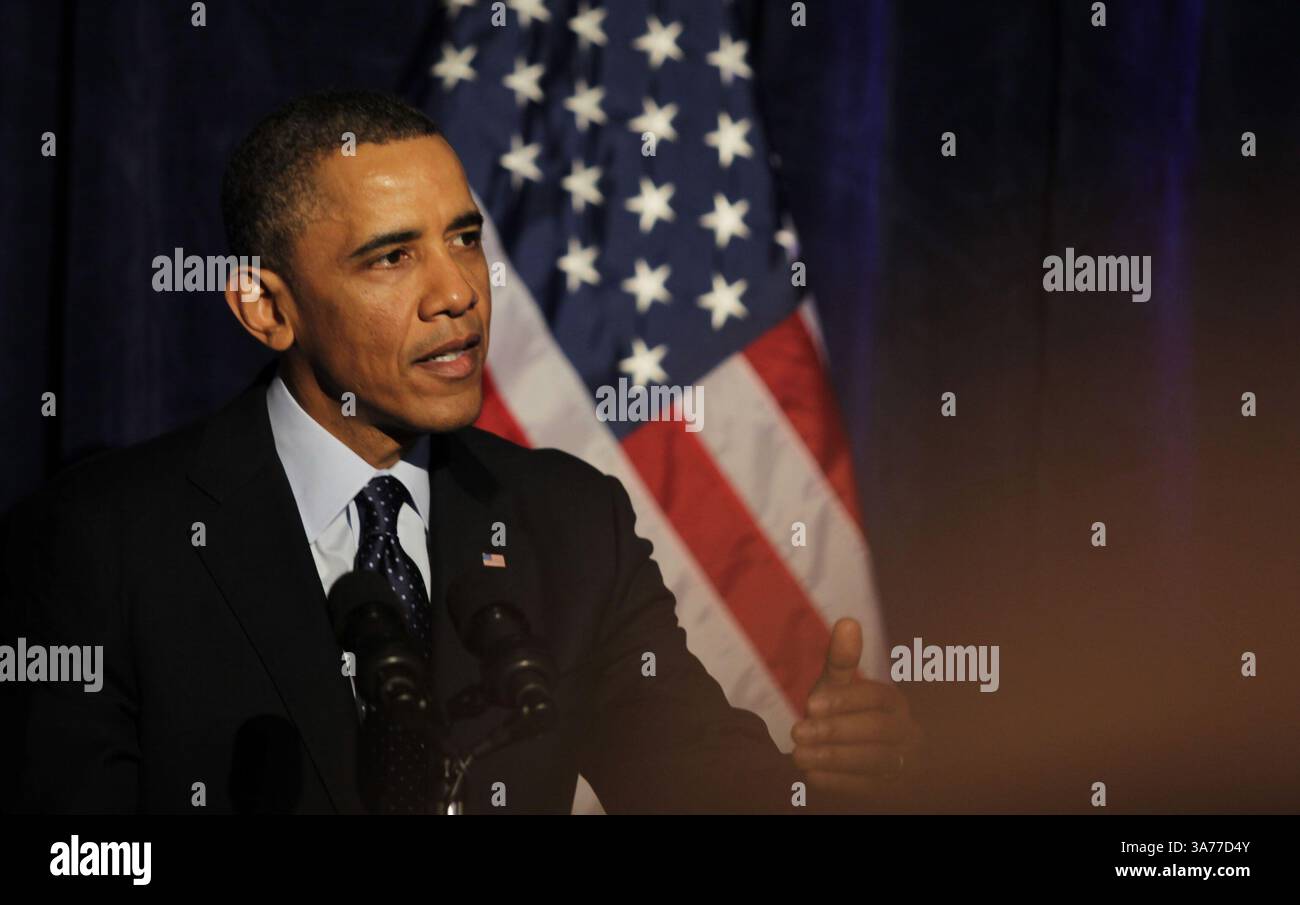 14. März 2013: Washington, District of Columbia, USA S - US-Präsident Barack Obama hält am Mittwoch, den 13. März 2013, beim Organizing for Action Dinner im Adour Restaurant, St. Regis Hotel, Washington D.C. (Bild: © Prensa Internacional/ZUMAPRESS.com) Stockfoto