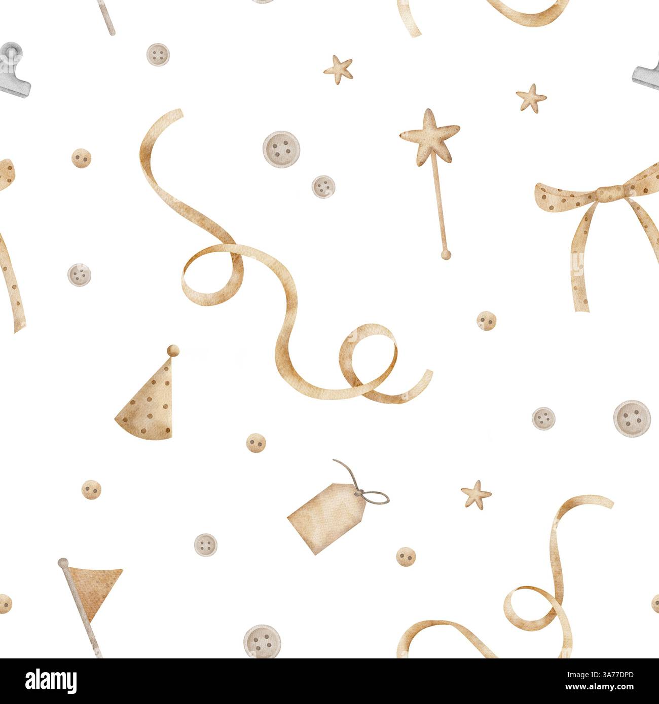 Aquarellmuster, Näh- und Bastelartikel, Knöpfe, Band, Schleife. Nahtloser Print im Retro-Stil. Illustration isoliert auf Hintergrund für Textildesign Stockfoto