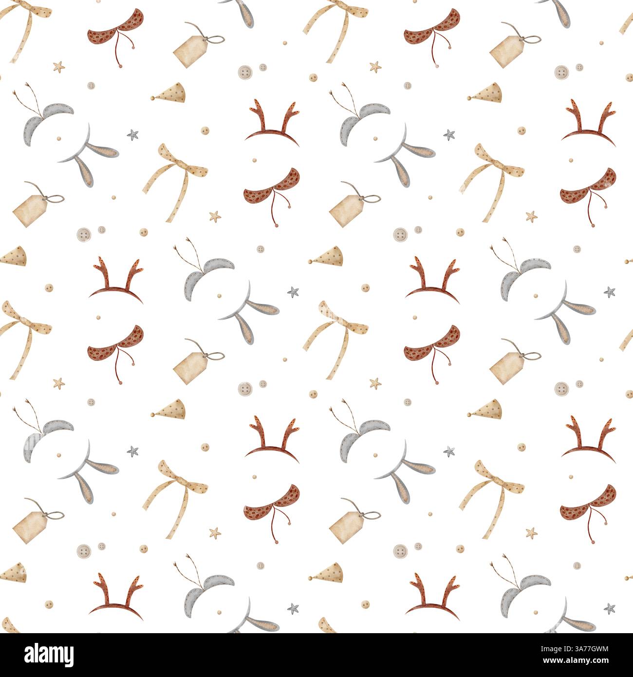 Nahtloses Kostüm, Kaninchenohren, Hirschhörner, Schleife, Partymütze. Aquarelldruck im Retro-Stil. Handgezeichnete Illustration isoliert auf Hintergrund für Stockfoto