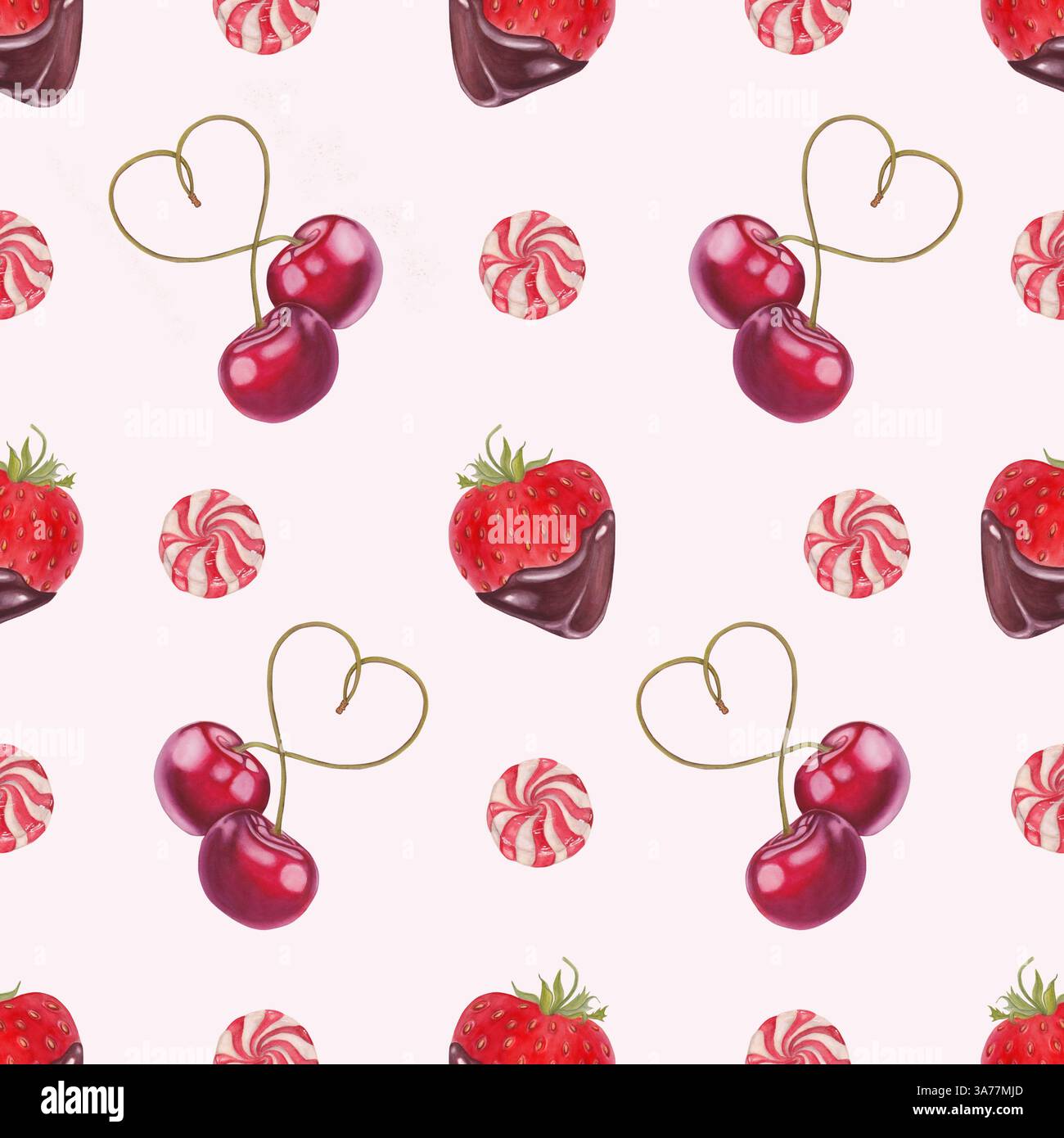 Handgemaltes nahtloses Aquarellmuster mit Kirschen mit herzförmigen Stielen, in Schokolade getauchten Erdbeeren und Karamellbonbons. Perfekt für V Stockfoto