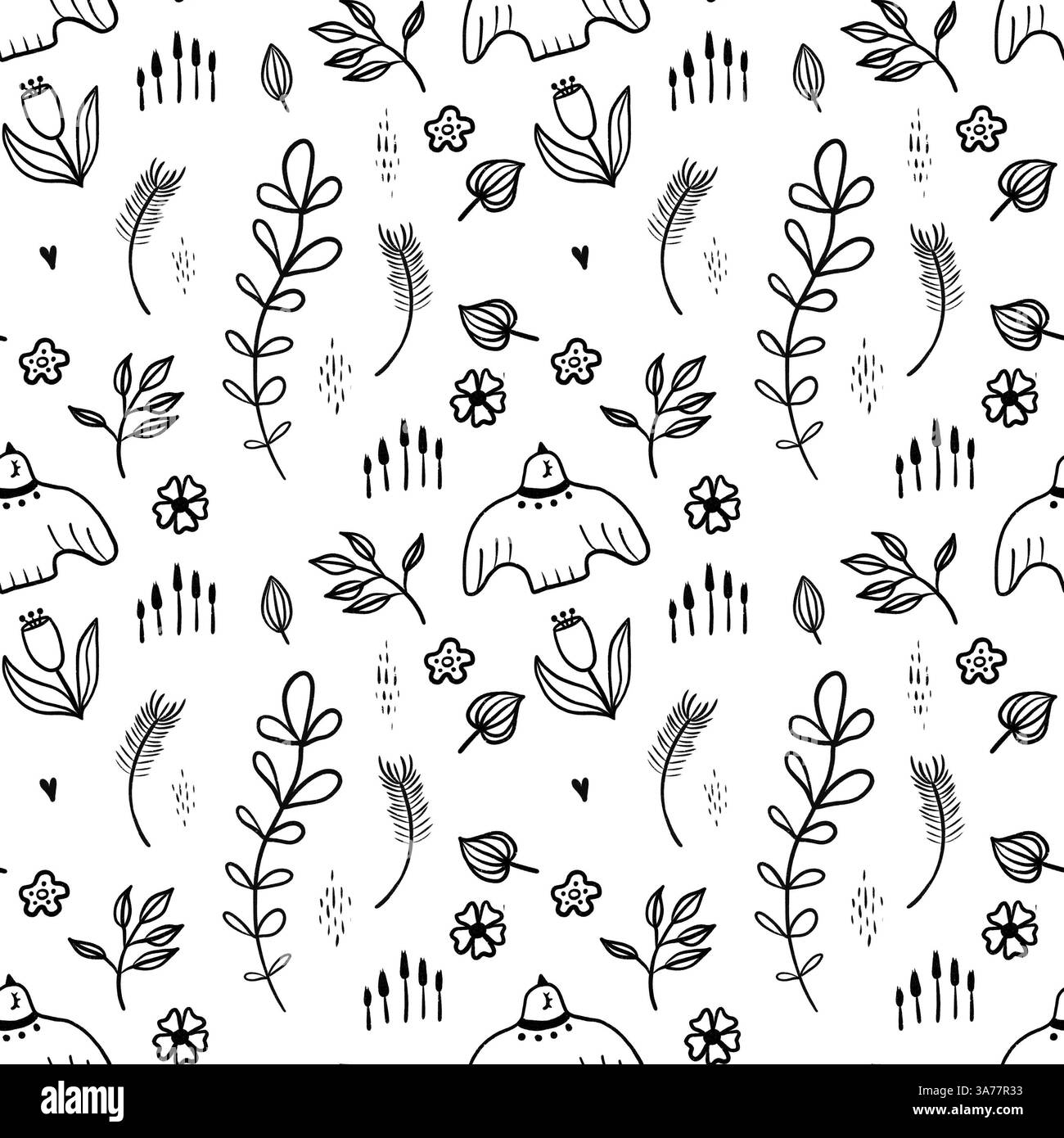 Niedliches nahtloses Schwarz-weiß-Doodle-Muster. Vogel und Blumen. Stockfoto