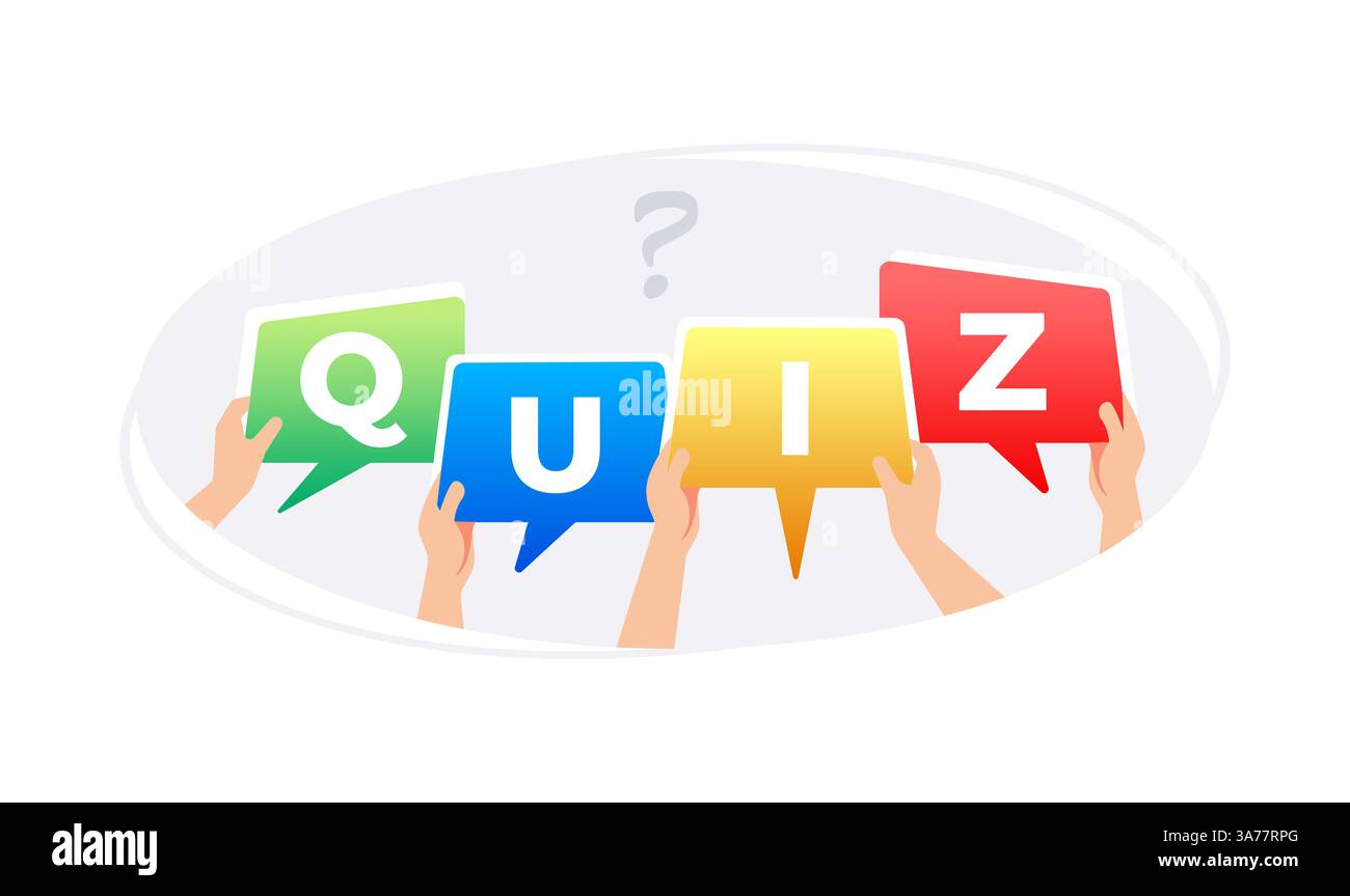 Eine Gruppe von Menschen hält bunte Sprechblasen, die das Wort Quiz mit einem Fragezeichen bilden Stockfoto