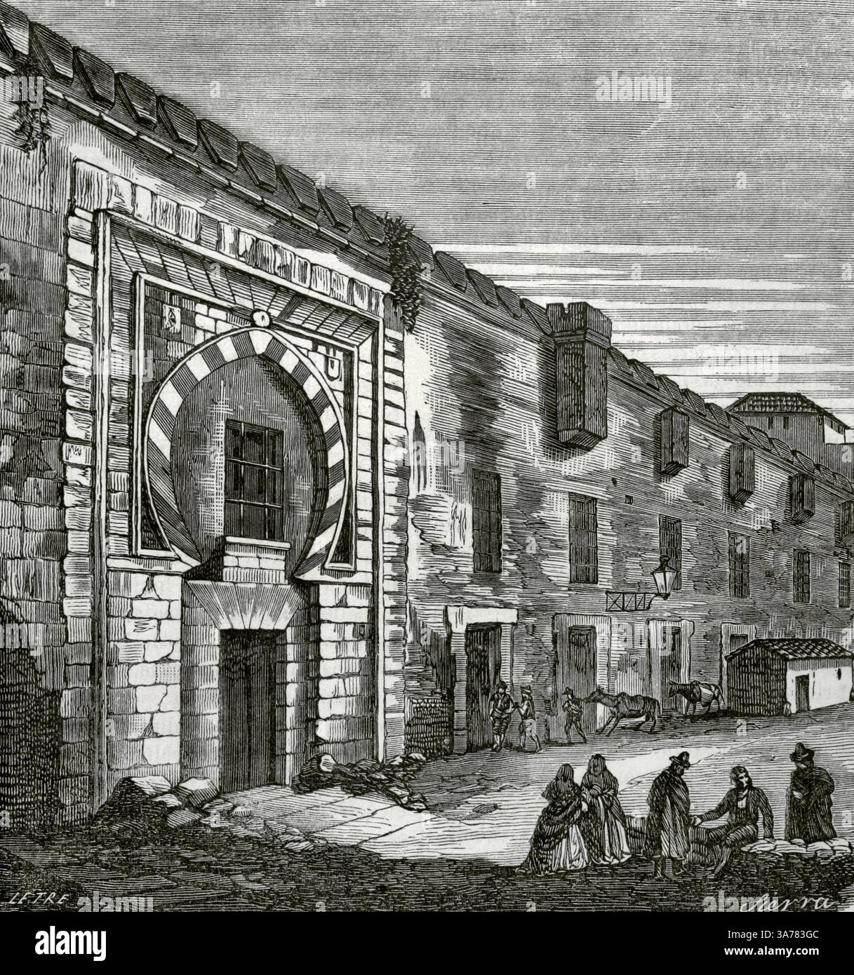 Malaga, Andalusien, Spanien. Blick auf die Atarazanas, eine ehemalige Nasridenwerft (14. Jahrhundert), die im Laufe der Jahre für verschiedene militärische Funktionen genutzt wurde. Sie wurde 1870 abgerissen, um sie in einen Markt umzuwandeln, obwohl die arabische Marmortür erhalten blieb. Zeichnung von Letre. Gravur von Sierra. Crónica General de España, Historia Ilustrada y Descriptiva de sus Provincias (Allgemeine Chronik Spaniens, illustrierte und deskriptive Geschichte seiner Provinzen), Andalusien, 1869. Stockfoto