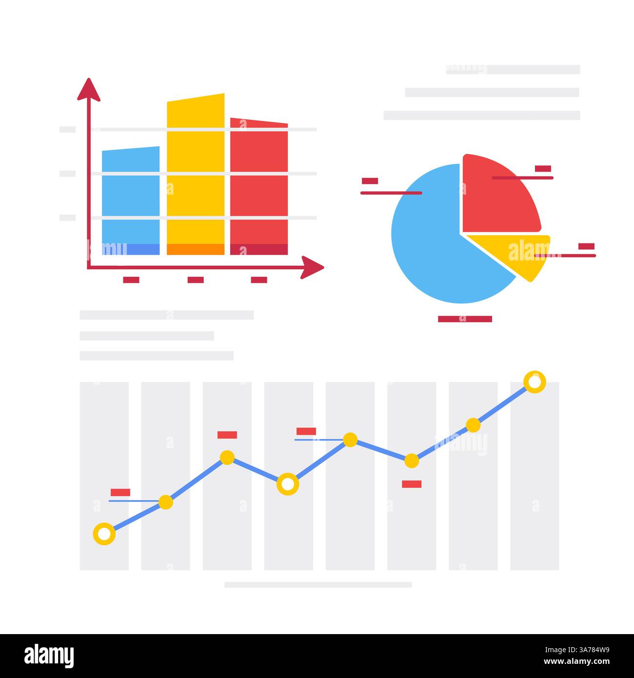 Satz farbenfroher Businessdatendiagramme, einschließlich Balkendiagramm, Tortendiagramm und Liniendiagramm-Vektorabbildungen für statistische Darstellungen Stock Vektor