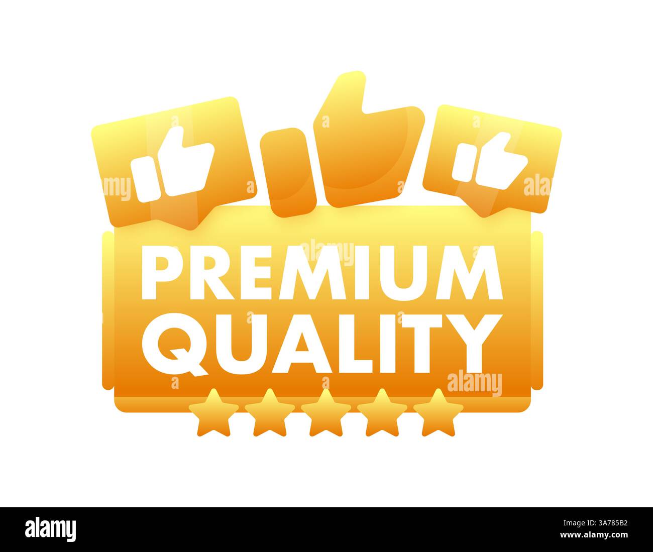 Goldenes PREMIUM-Vektorbanner mit hochgezogenen Symbolen und Sternen, das hohe Standards, Kundenzufriedenheit und ausgezeichnete Bewertung repräsentiert Stock Vektor