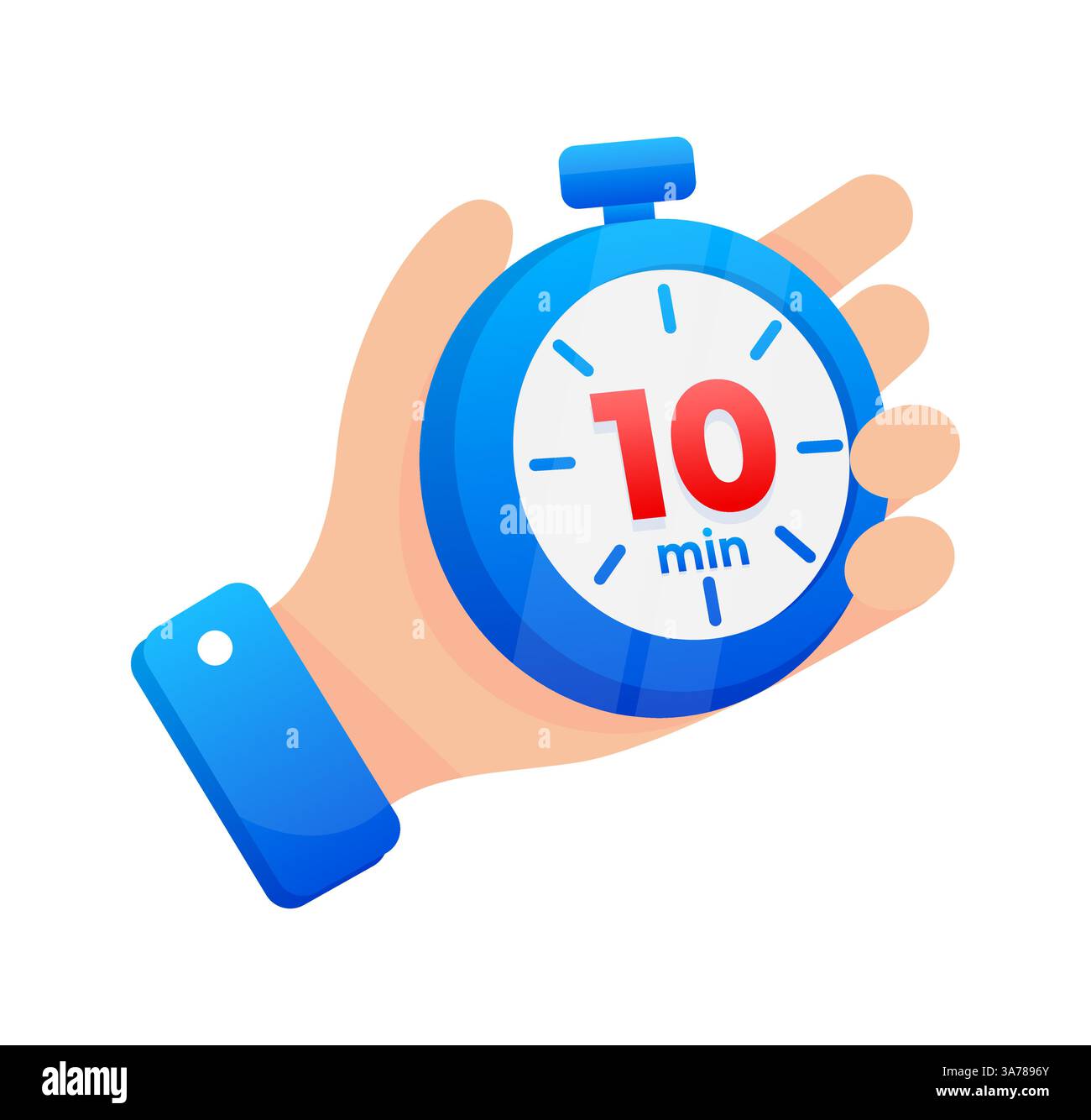 Halten Sie eine blaue Stoppuhr fest, die auf 10 Minuten eingestellt ist, mit einer auffälligen roten Markierung auf dem Timer Stock Vektor