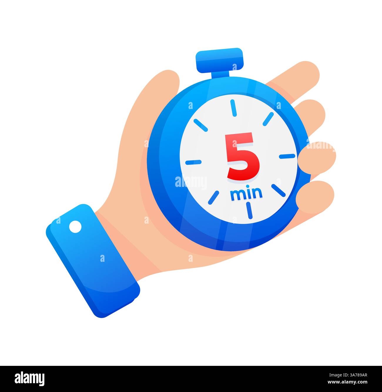 Halten Sie eine blaue Stoppuhr fest, die auf 5 Minuten eingestellt ist, mit einer auffälligen roten Markierung auf dem Timer Stock Vektor