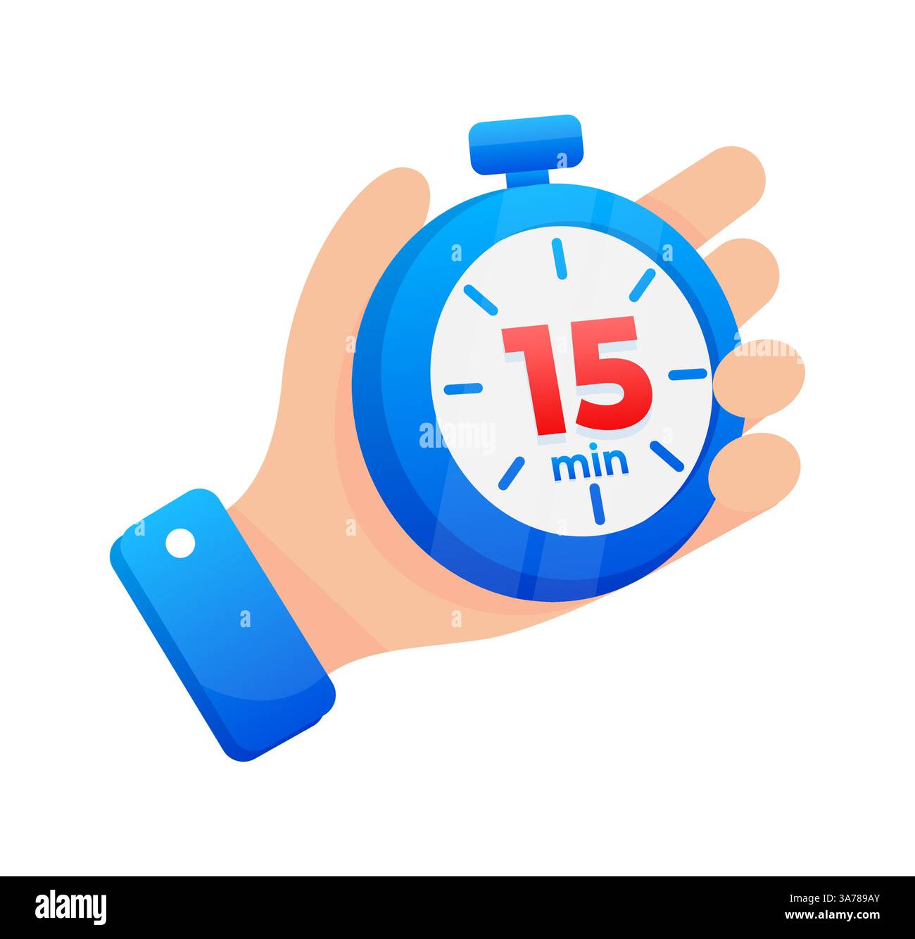 Halten Sie eine blaue Stoppuhr fest, die auf 15 Minuten eingestellt ist, mit einer auffälligen roten Markierung auf dem Timer Stock Vektor