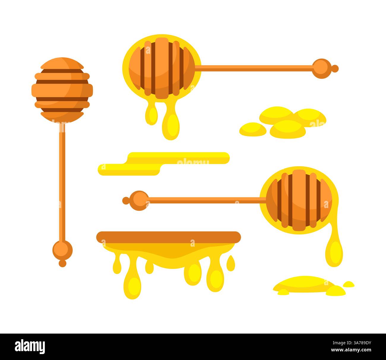 Lebendige Sammlung von Honiglöffeln und tropfendem Honig, die die Süße und Textur von Honig in einer bunten Vektor-Illustration einfangen Stock Vektor