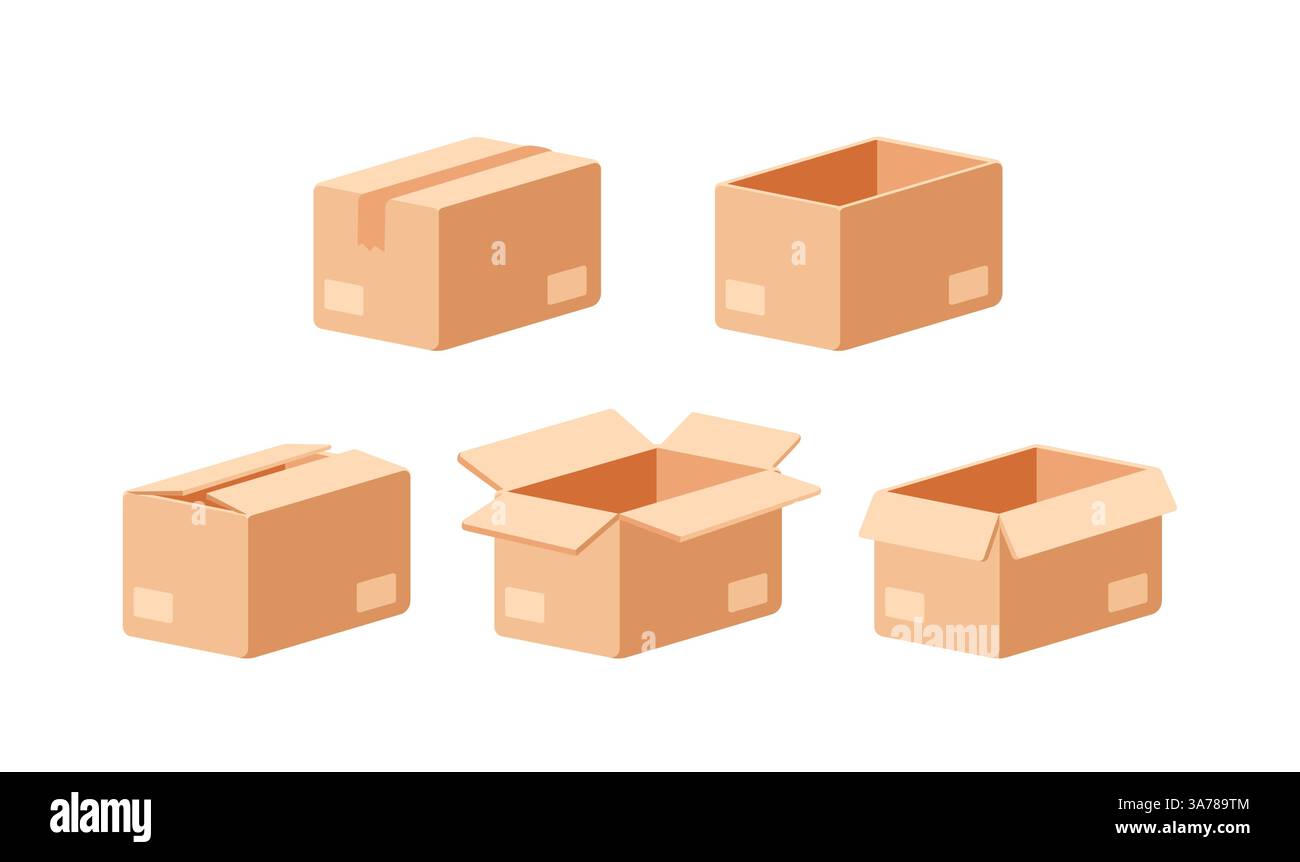 Lieferung, Versandverpackung offener und geschlossener Karton. Postcontainer in verschiedenen Formen. Vektorabbildung Stock Vektor