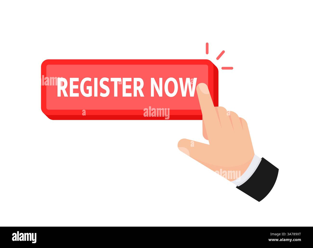 Modernes flaches Design, in dem ein Finger auf die Schaltfläche „jetzt registrieren“ klickt Stock Vektor