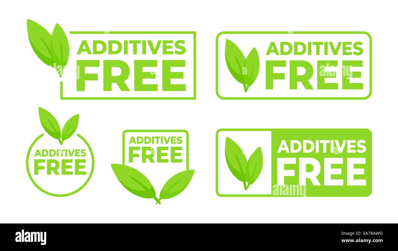 Grüne Etiketten, die Zusatzstoffe kommunizieren frei mit einem Blatt-Symbol, für gesundheitsorientierte Lebensmittel und Konsumgüter Stock Vektor