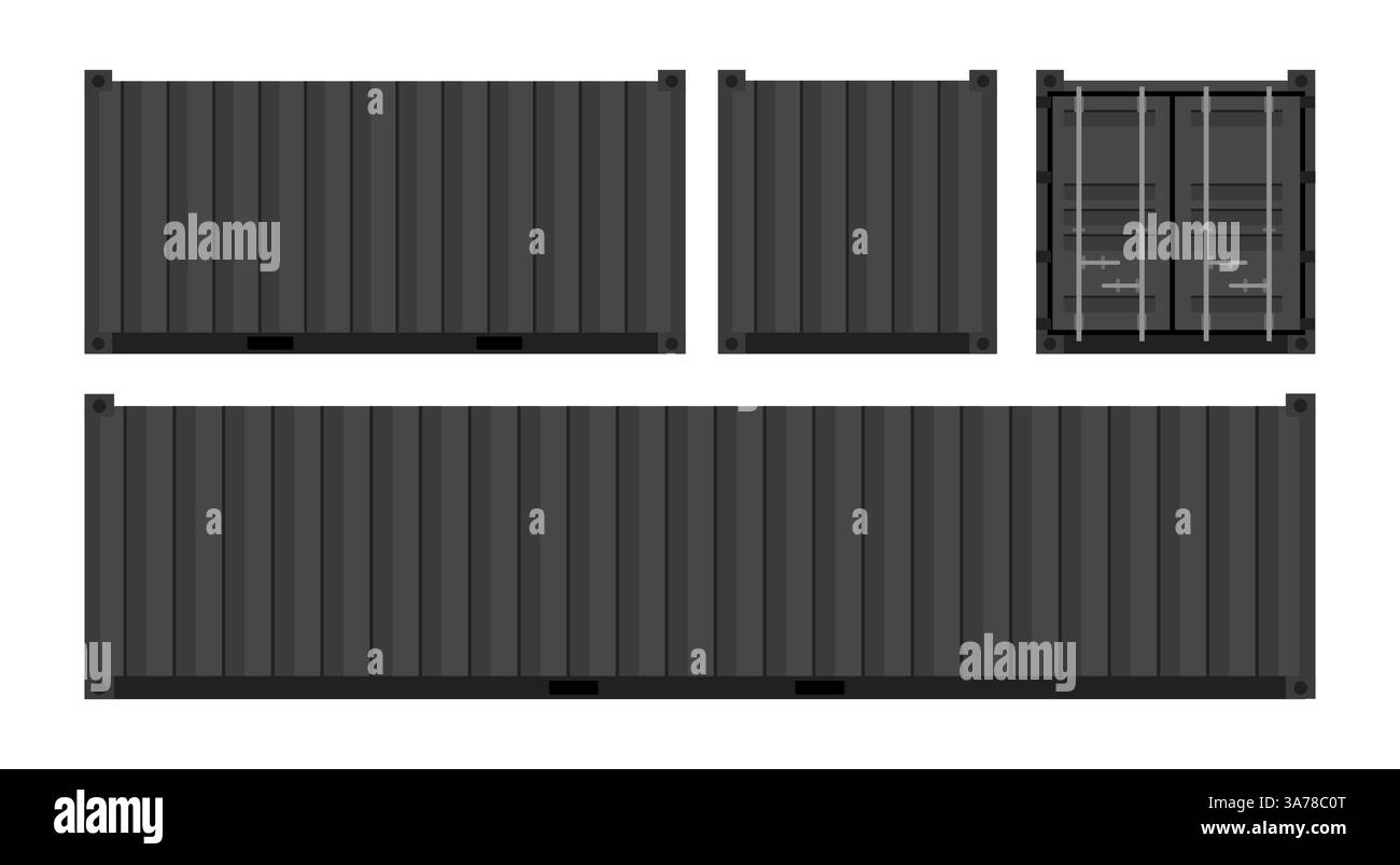 Schwarze Frachtcontainer einstellen. Frachtversand, Lieferung und Transport. Vektorabbildung Stock Vektor
