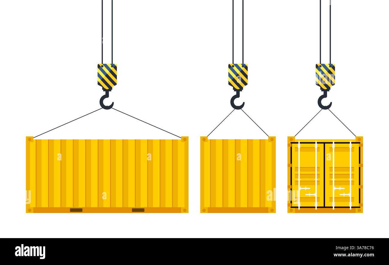 Frachtcontainer hängt an einem Kranhaken. Portkran. Weltweite Lieferung. Vektorabbildung Stock Vektor