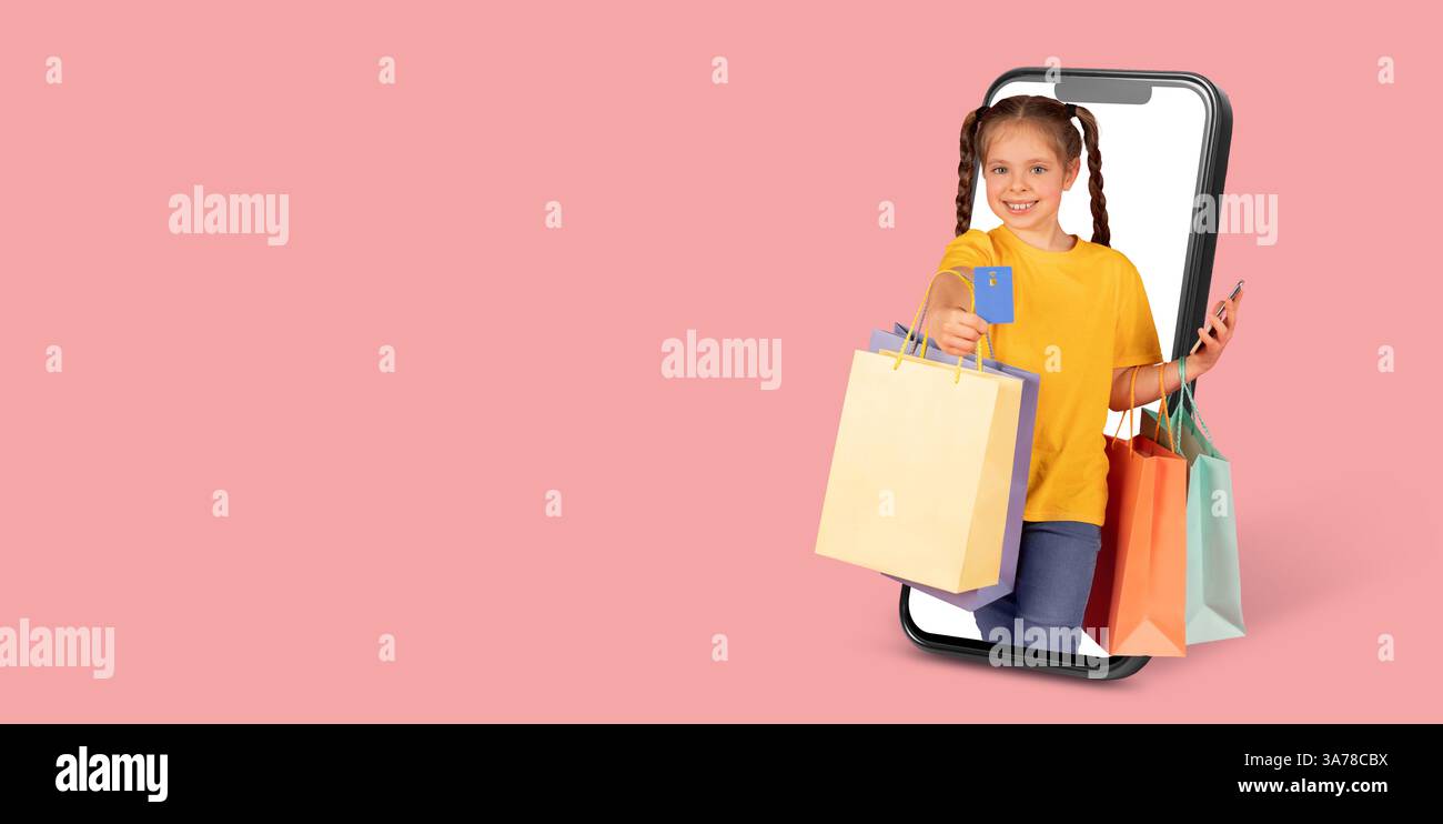 Kunde genießt Online-Shopping mit einem Smartphone mit Taschen in der Hand Stockfoto