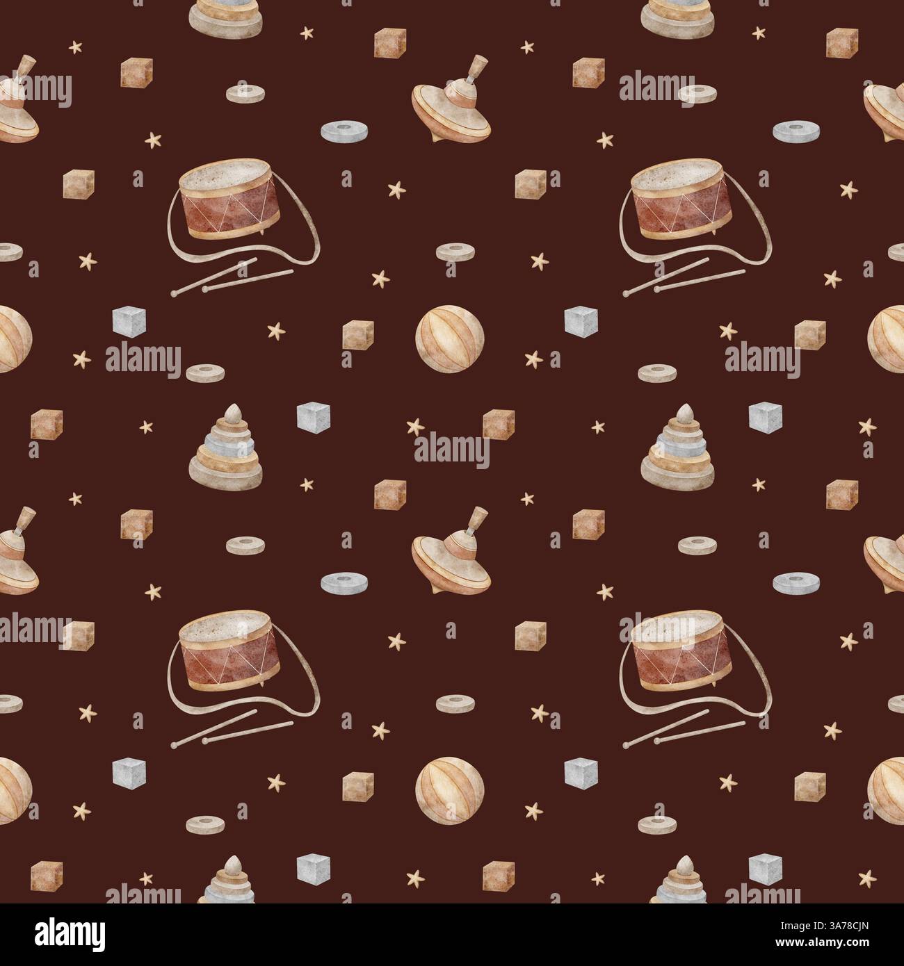 Vintage-Kinderspielzeug mit nahtlosem Muster, Ball, Trommel, Pyramide, Würfel. Aquarellillustration auf Farbe, Burgunderrot, rotem Hintergrund im Retro-Stil für Stockfoto