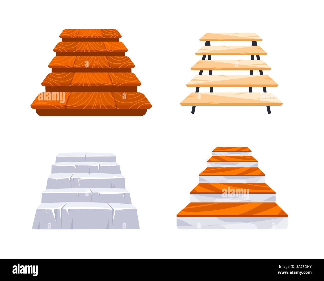 Burgtreppe, Holz und Stein. Treppe, Treppe. Innenobjekte für Zuhause, Palast. Stock Vektor