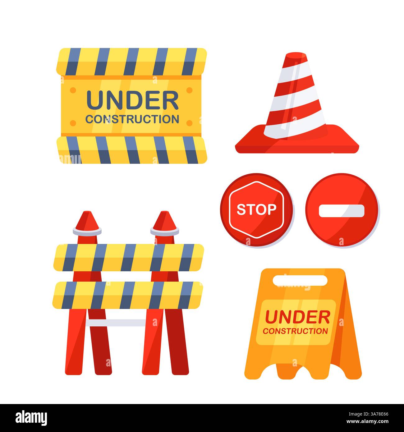 Schild für Bauarbeiten. Straßenbarrieren gesetzt. Falscher Stopp. Gesperrte Straßensperren. Stock Vektor