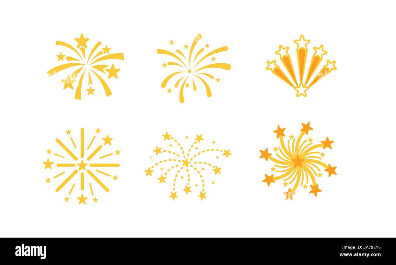 Set von stilisierten Feuerwerksymbolen, die mit leuchtend gelben Funken und Sternen auf weißem Hintergrund explodieren Stock Vektor