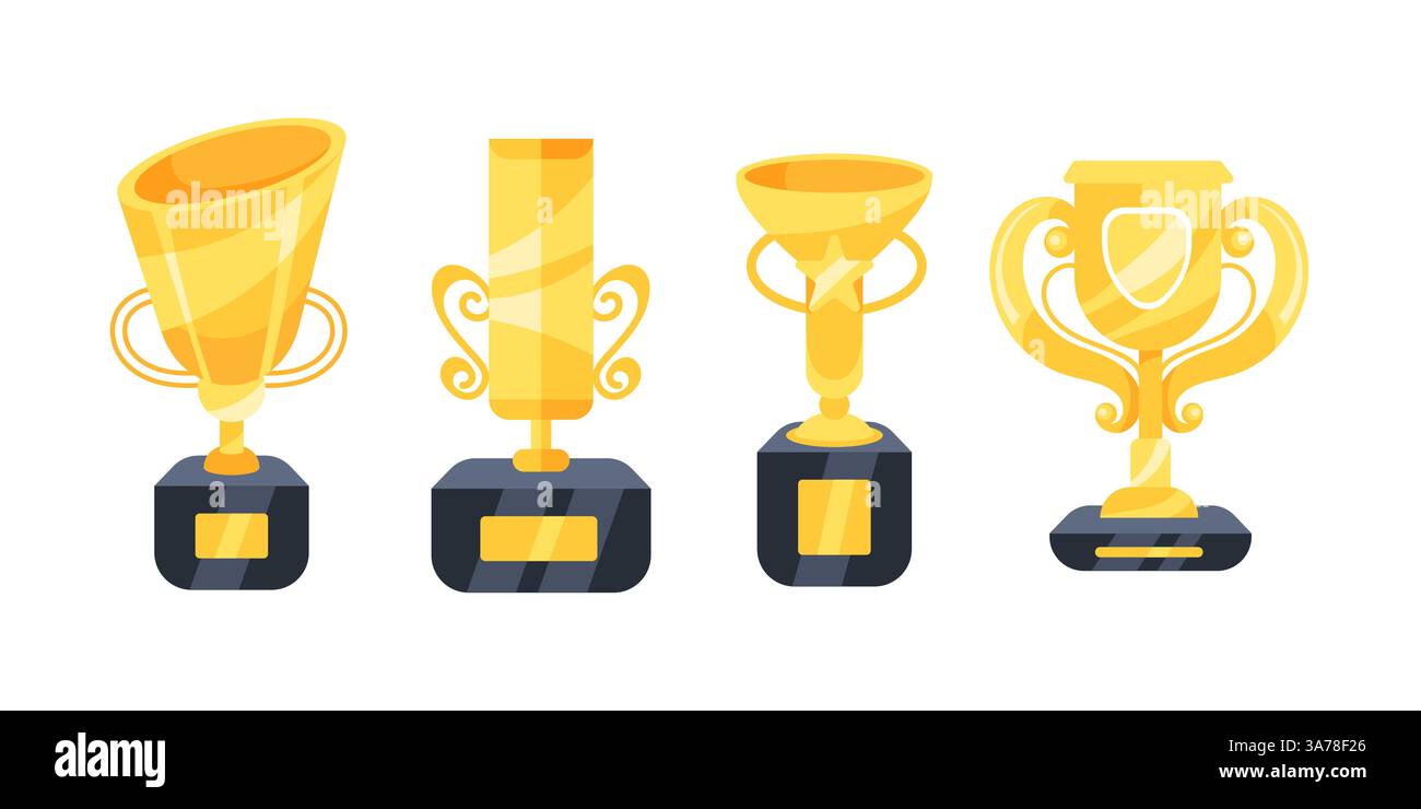 Set aus goldenen Trophäenbechern in verschiedenen Formen mit Griffen auf Podest mit leeren Namensschildern für die Gewinner Stock Vektor