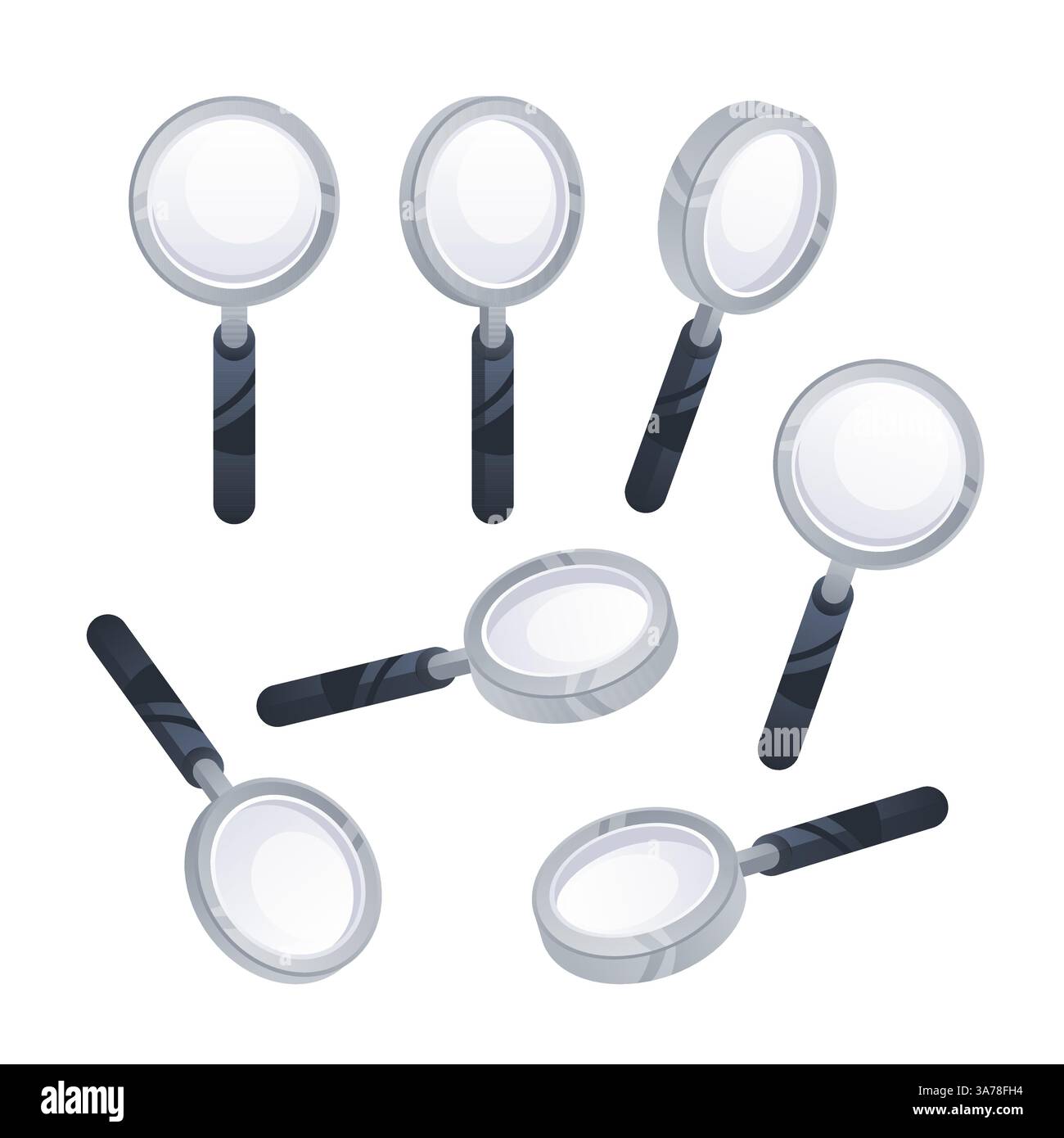 Vergrößerungsglas-Set. Minimal transparent rendern. Lupa vergrößern, Zoomausrüstung. Suchkonzept. Stock Vektor