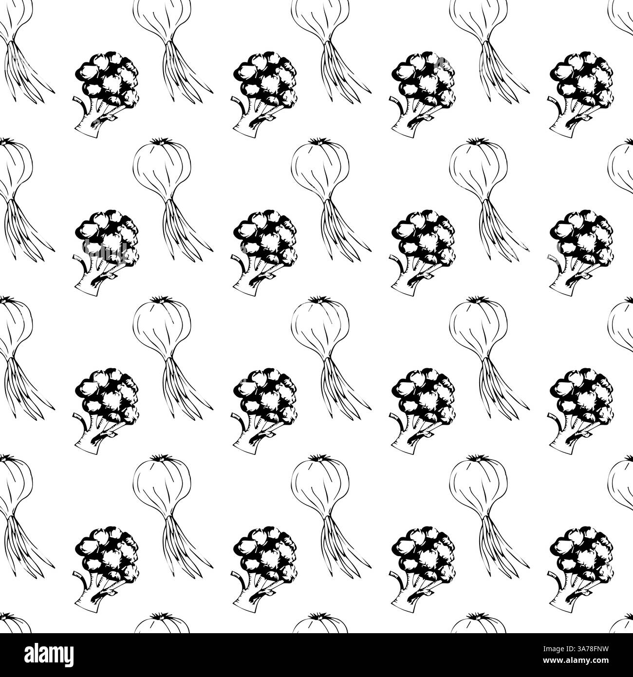 Reifes Gemüse im Doodle-Stil. Reiche Ernte. Vektorabbildung. Einfaches, nahtloses Muster. Stock Vektor