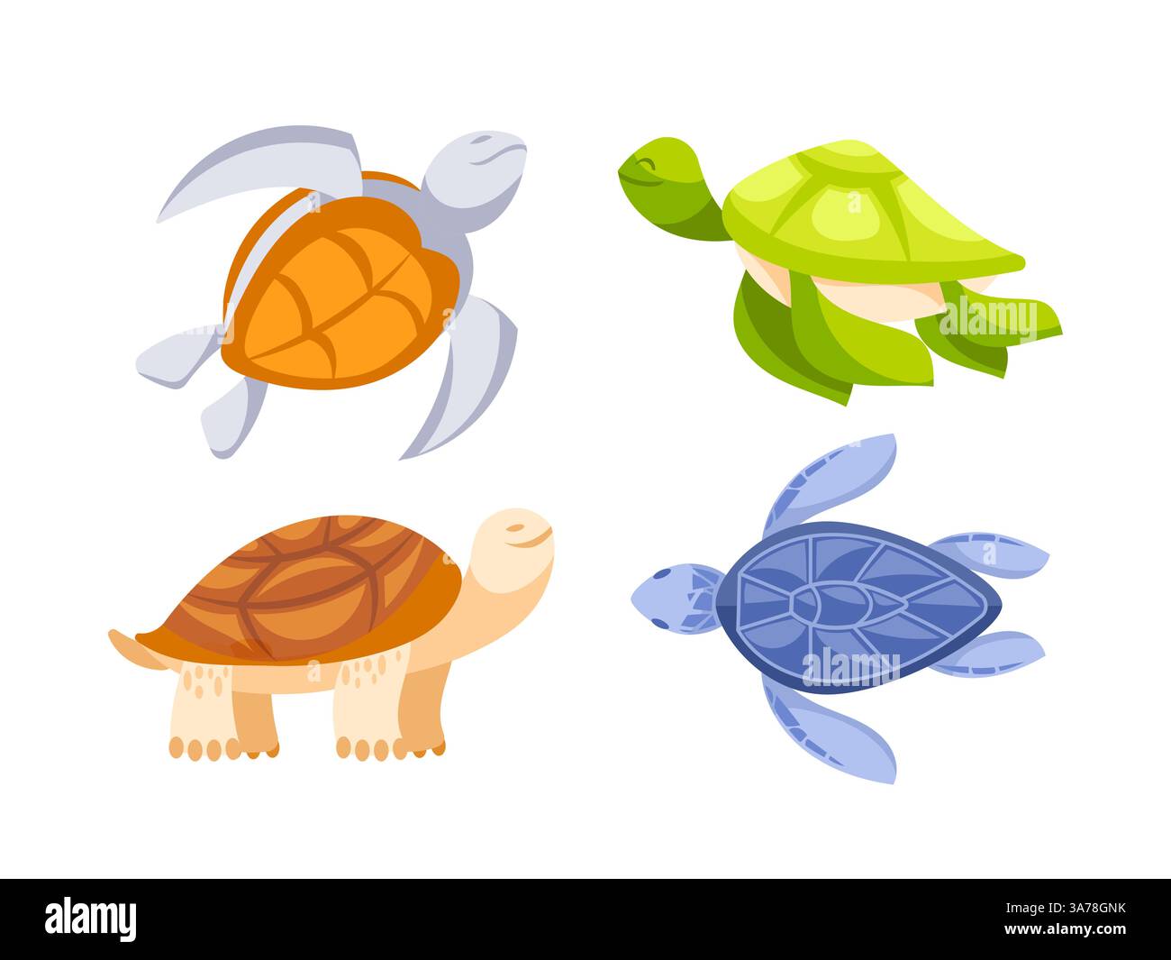 Vier bunte Zeichentrickschildkröten schwimmen und gehen, isoliert auf weißem Hintergrund Stock Vektor