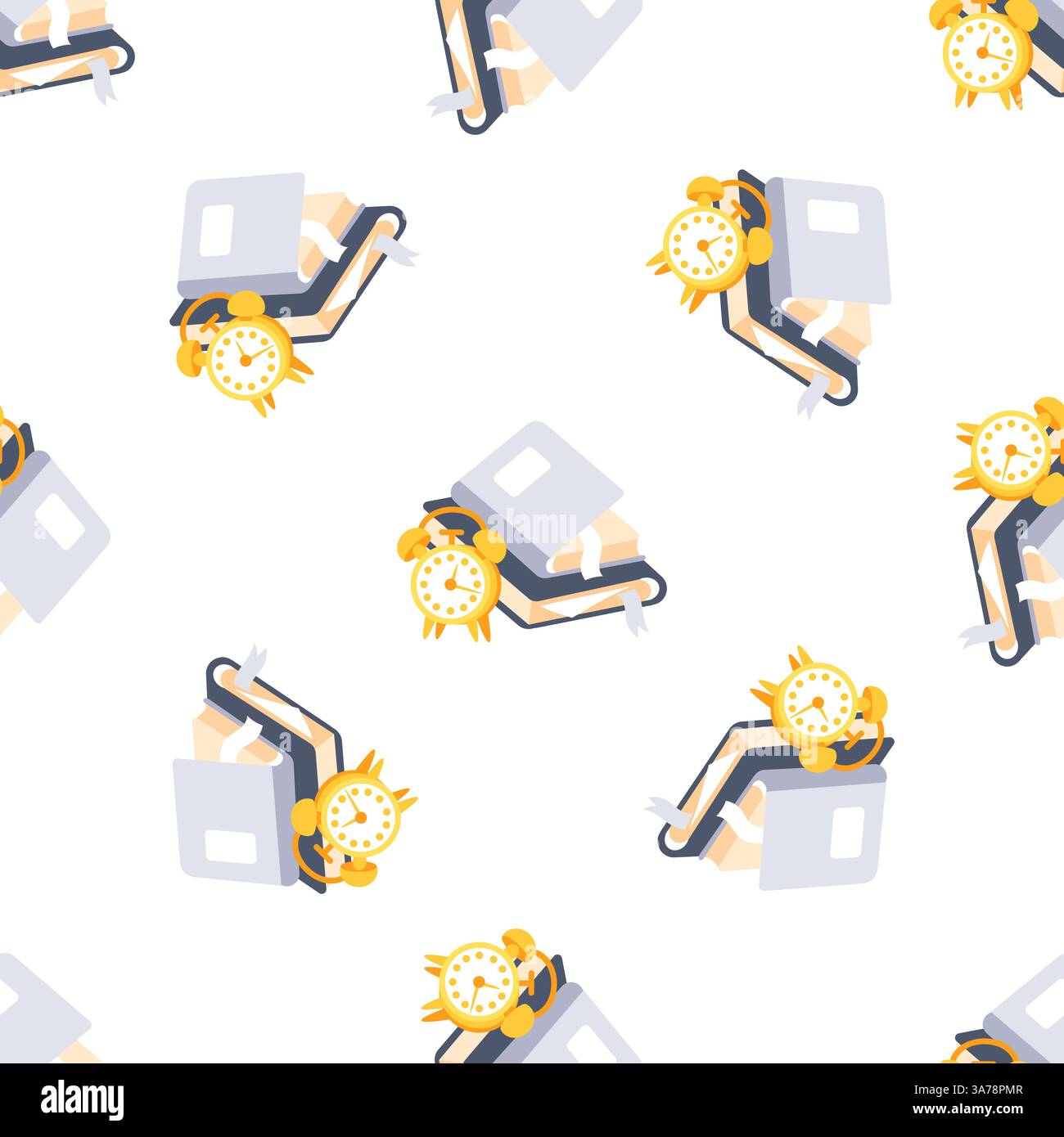 Nahtloses Muster von Büchern und Wecker symbolisiert Zeitmanagement und Studientermin Stock Vektor