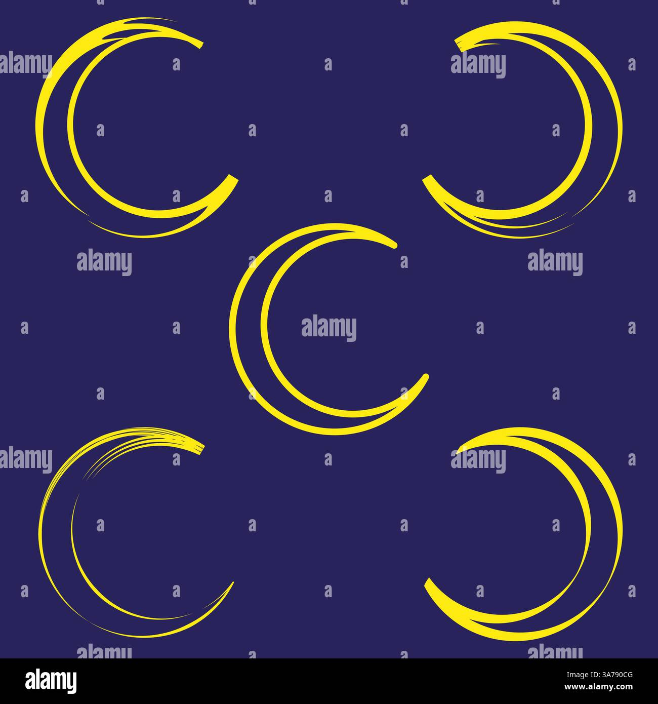 Gelbe Halbmondformen. Abstrakte gekrümmte Elemente. Dunkelblauer Hintergrund. Dynamischer Bewegungseffekt. Stock Vektor