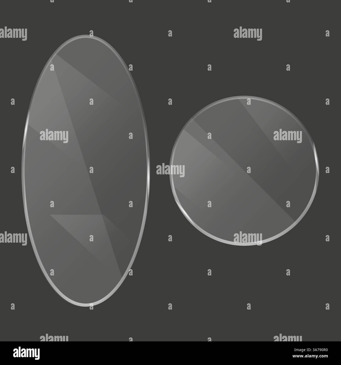 Monochromatischer Aktivkohlehintergrund. Ellipse und Kreis. Reflektierende Glasoberflächen. Abstrakte Vektorillustration. Stock Vektor