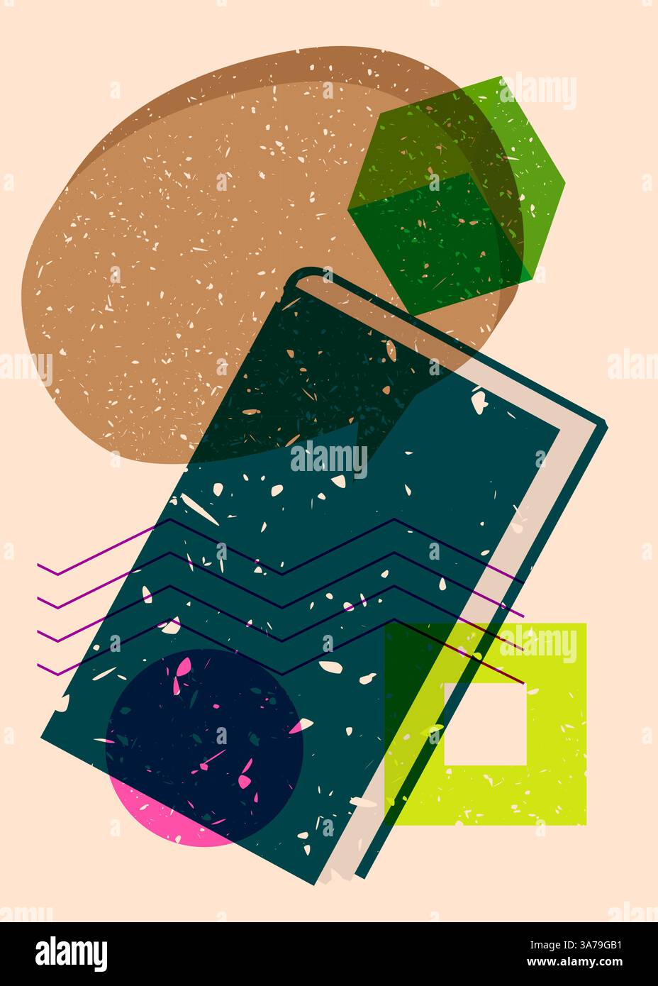Risographenbuch mit Sprechblase mit geometrischen Formen. Objekte in trendigem Riso-Grafik-Design mit Texturelementen. Stock Vektor