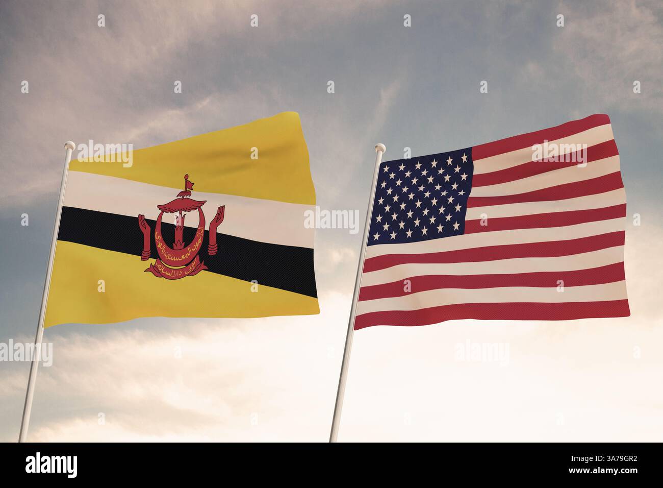 Beziehungen zwischen den Ländern der Vereinigten Staaten von Amerika USA und BRUNEI, dargestellt durch das Konzept von zwei Flaggen, die gegen einen bewölkten Himmel schwenken.3d Stockfoto