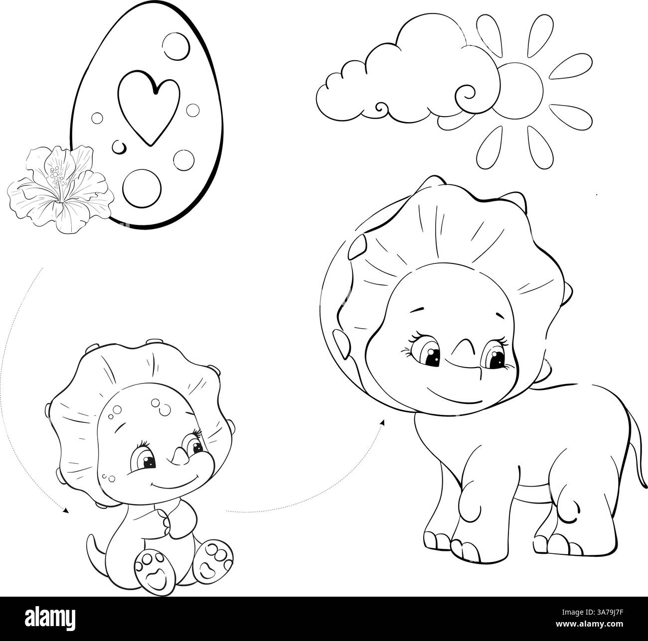 Vektor-Dinosaurier Mama und Baby Triceratops, Ei. Clipart für Babydusche, Kinderzimmer, Dekor, Aufkleber, Drucke mit historischen Tieren. Schwarze Linie Stock Vektor