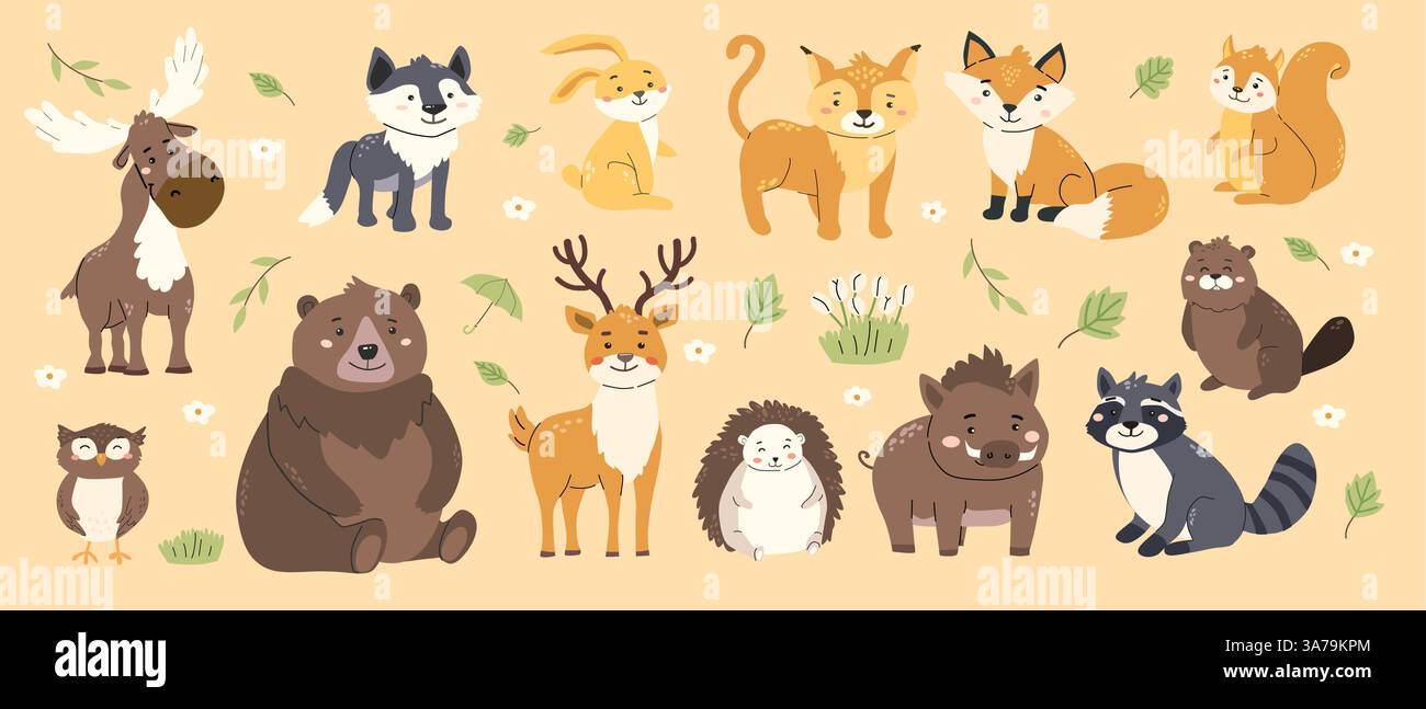 Bezaubernde Sammlung niedlicher Waldtiere auf beigefarbenem Hintergrund für Karten- oder Posterdesign. Stock Vektor
