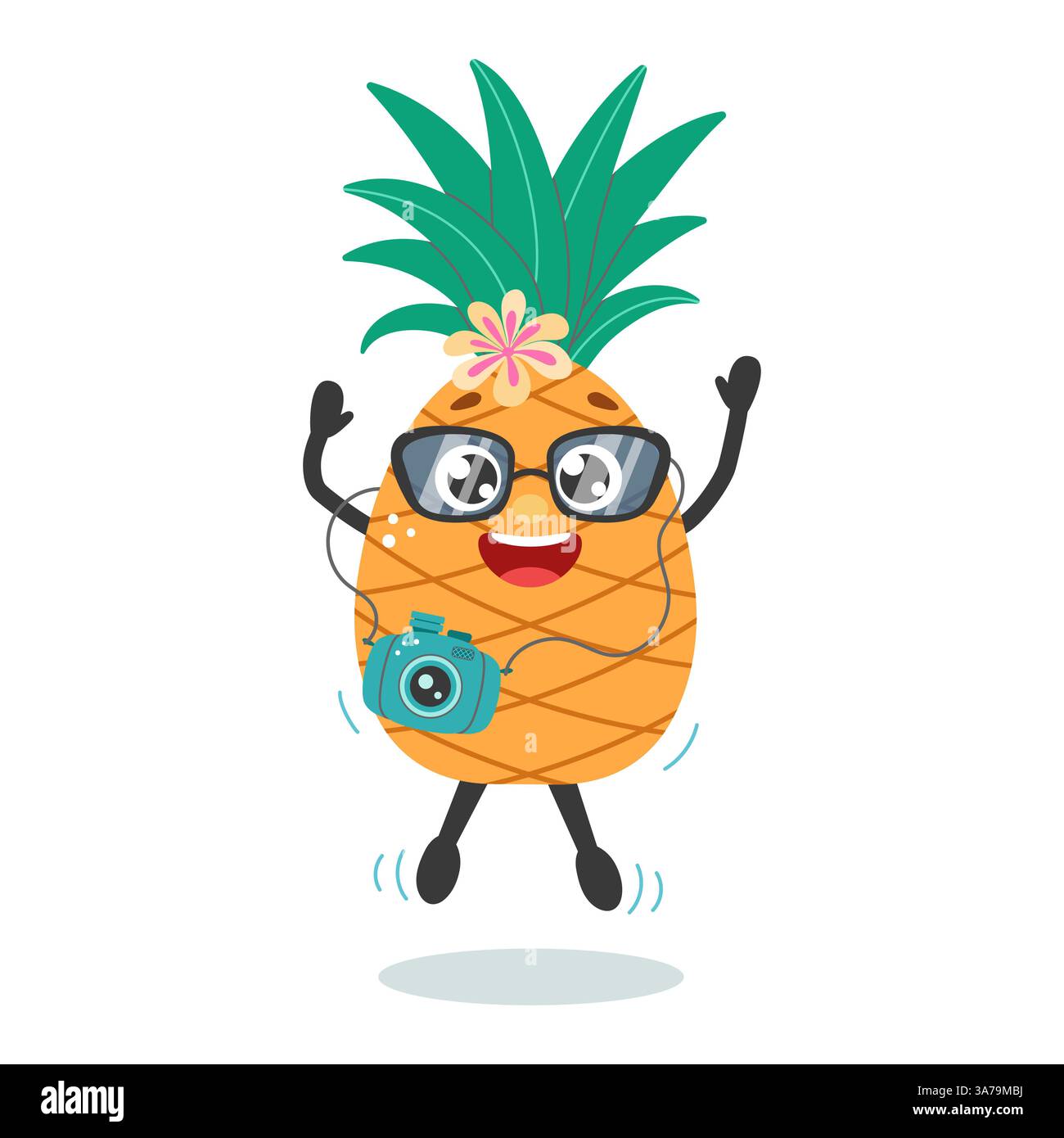 Lustige Ananasfigur mit Kamera im Urlaub. Sommer-Zeichentrickfilm-Illustration. Y2K-Aufkleber. Stock Vektor
