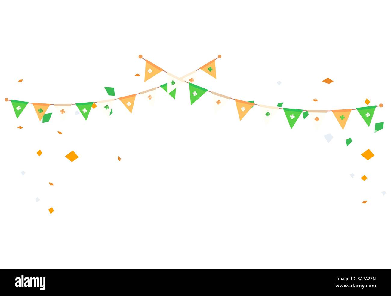 Irische Flaggenbanner mit Shamrocks und Konfetti für die Feierlichkeiten zum Heiligen Patricks-Tag Stock Vektor