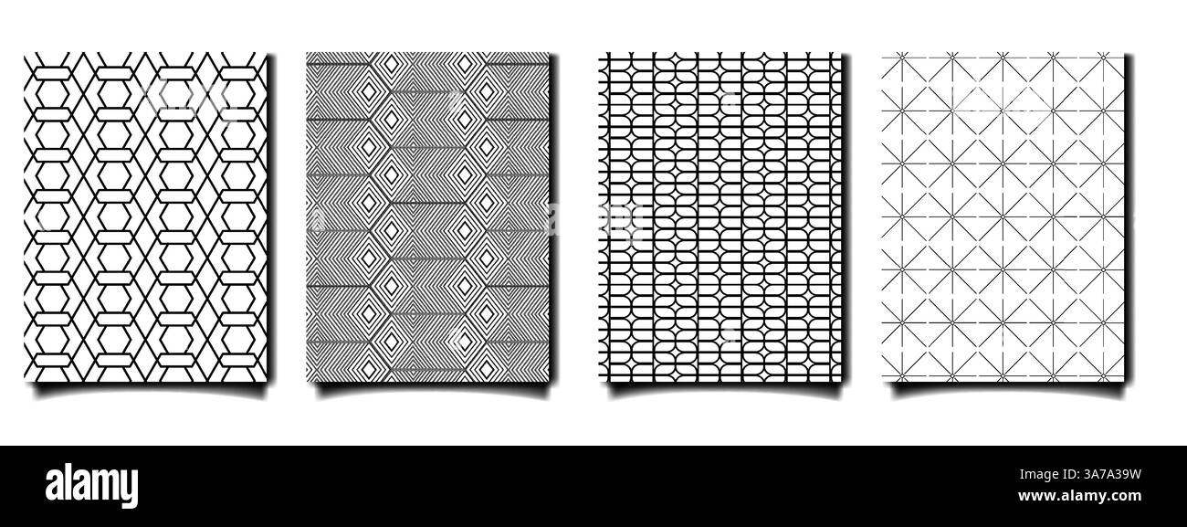 Hintergrund-Set mit schwarzem und weißem Muster im Retro-Stil, nahtloses minimalistisches Muster-Design, Vektorkunstillustration Stock Vektor