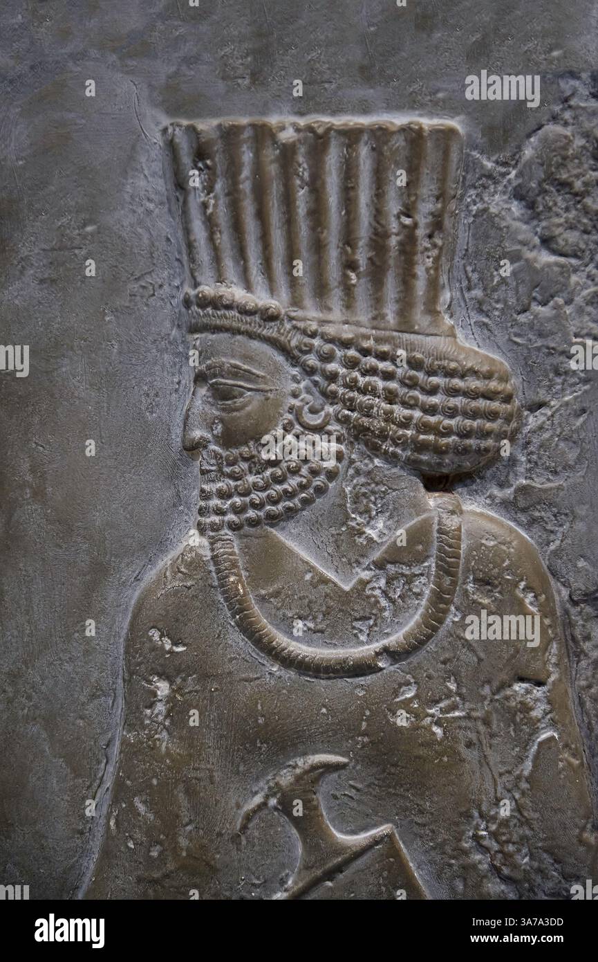 Antike persische Achämeniden Basrelief-Skulptur, die einen alten persischen Soldaten 500-400 v. Chr. unter der Herrschaft von Darius I., Apadana in Persepolis darstellt. Iran. Bri Stockfoto