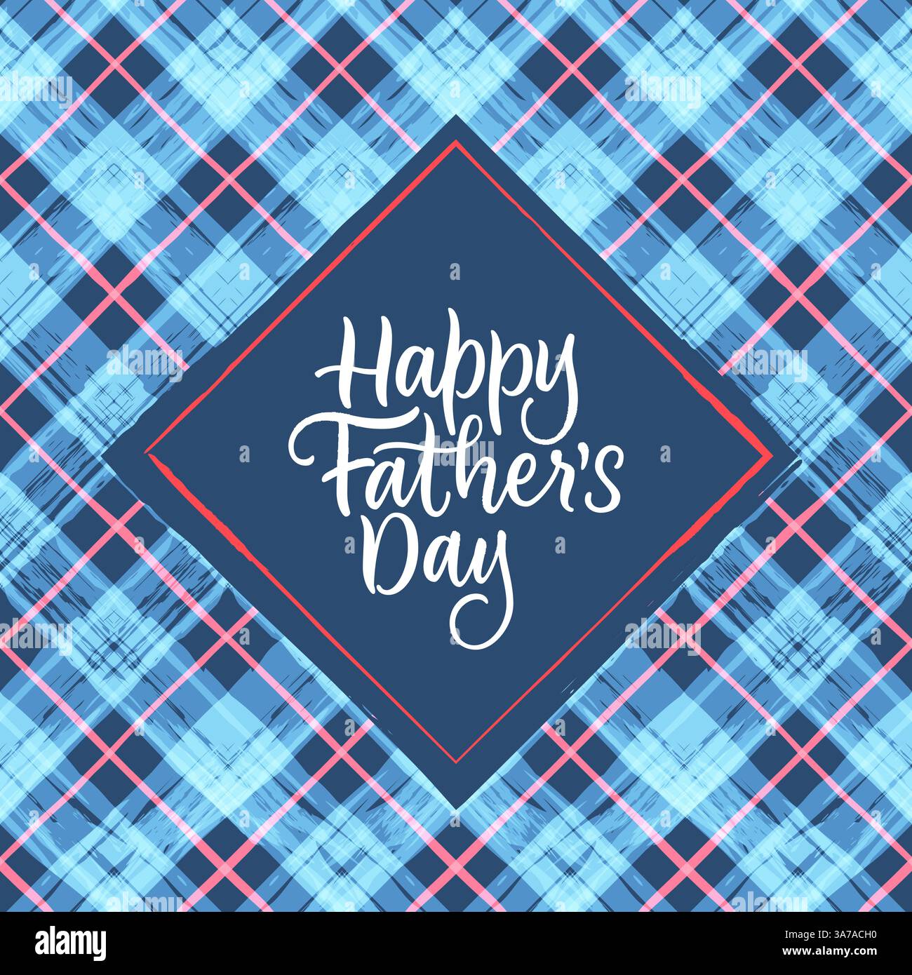 Grußkarte zum Happy Vathers Day mit handgezeichneter Feiertagskalligrafie-Schrift und blauem Aquarell kariertem nahtlosem Muster Hintergrund. Quadratisches Banner Stock Vektor