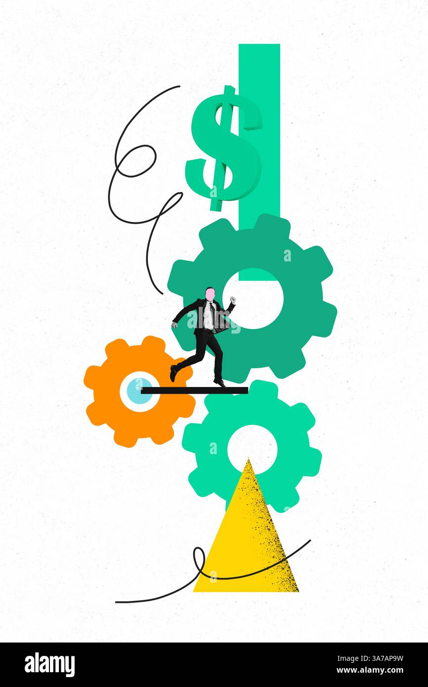 Poster Trend Skizze Vorlage Foto Collage von jungen Mann kein Gesicht laufen Zahnrad Mechanismus Arbeiter Unternehmer Job Rekrutierung Geld Dollar Stockfoto