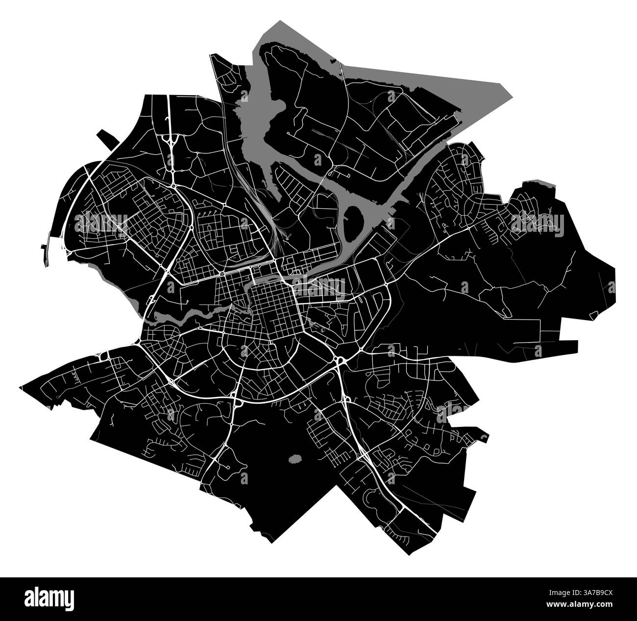 Karte von Norrkoping, Schweden. Detaillierte Stadtvektorkarte, Gemeindegebiet. Schwarz-weiße Straßenkarte mit Gebäuden. Stock Vektor