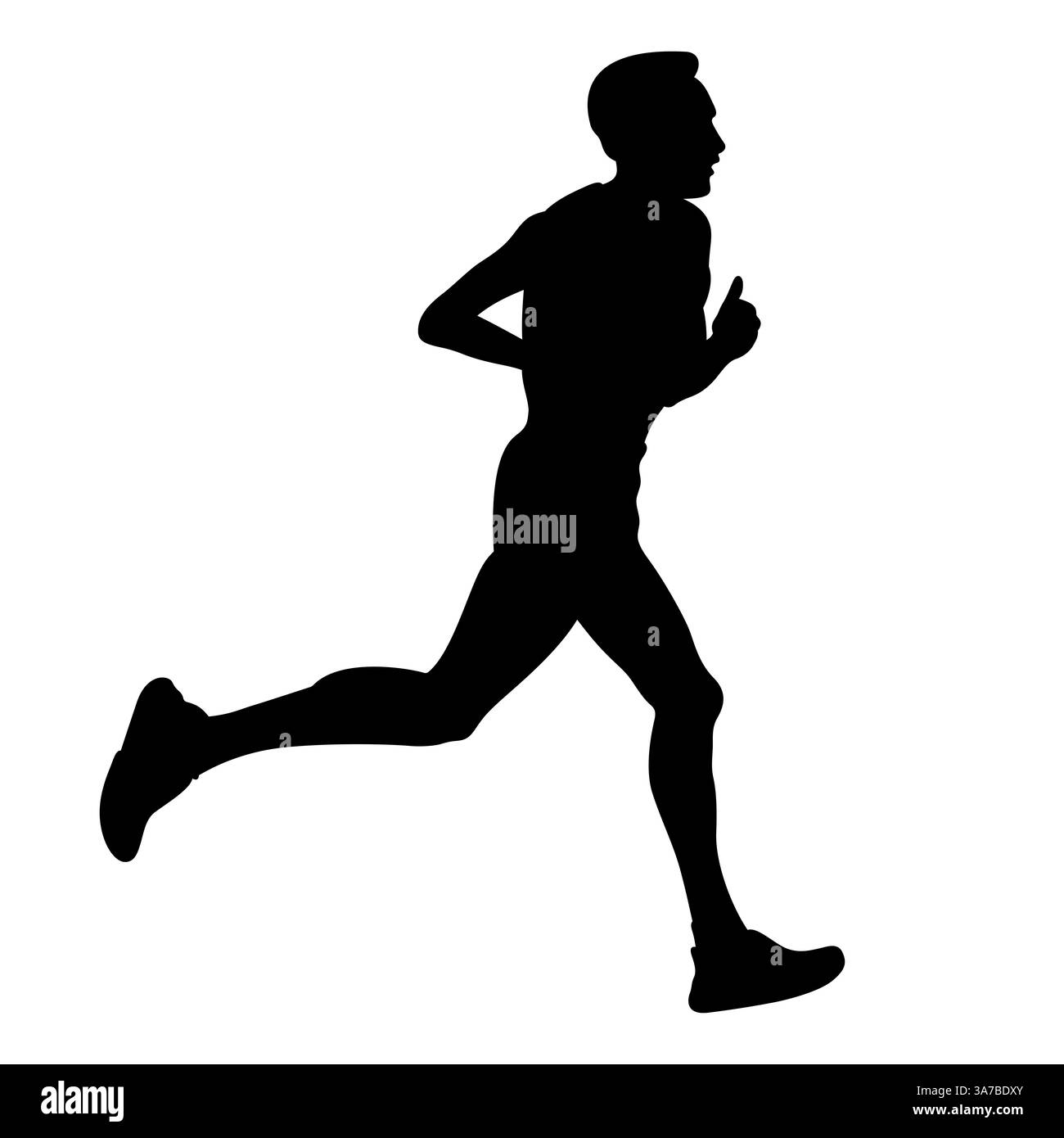 Schwarzer Läufer in Bewegung auf weißem Hintergrund während des Marathons Stockfoto