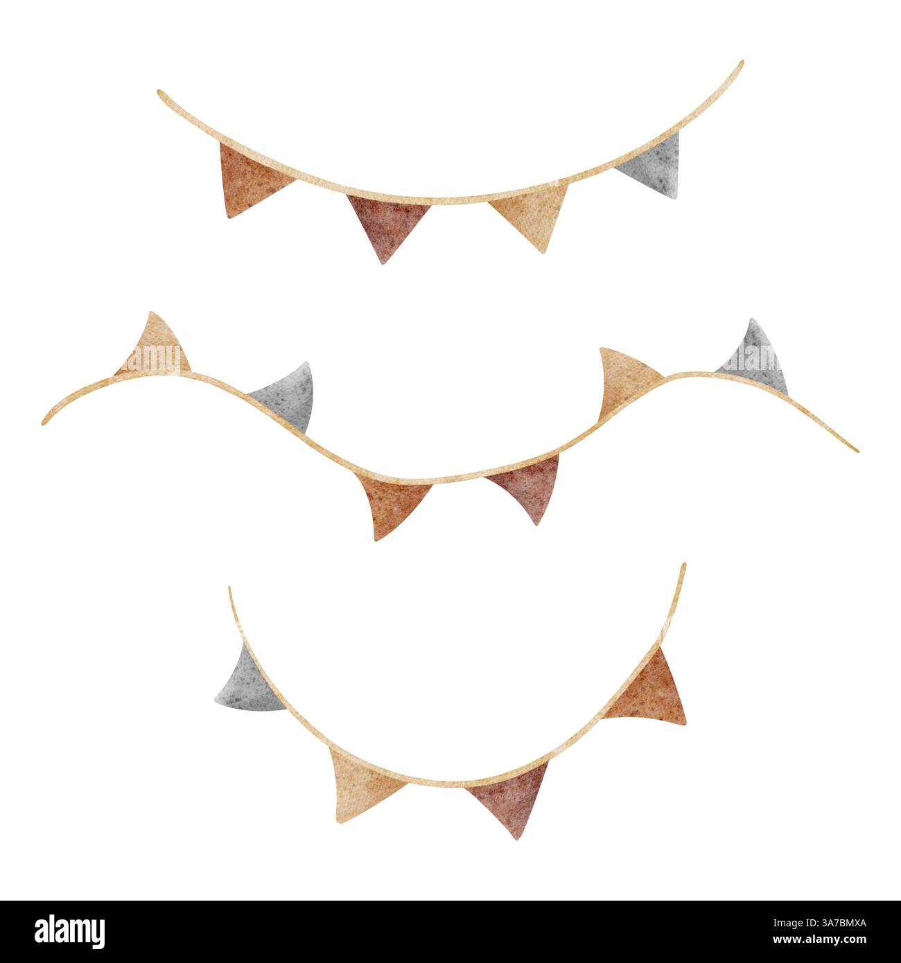 Flaggengirlande im Vintage-Stil. Aquarellillustration des wirbelnden Bandes auf isoliertem weißem Hintergrund in Retro-Farbe für Designkarten, Dekor Stockfoto