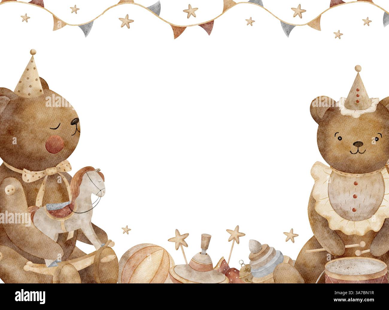 Teddybären mit Aquarellrahmen und Vintage-Spielzeug, Schaukelpferd, Pyramide, drehbares Top, Flaggengirlande. Rechteckige Vorlage mit Leerzeichen für Text. Hand Stockfoto