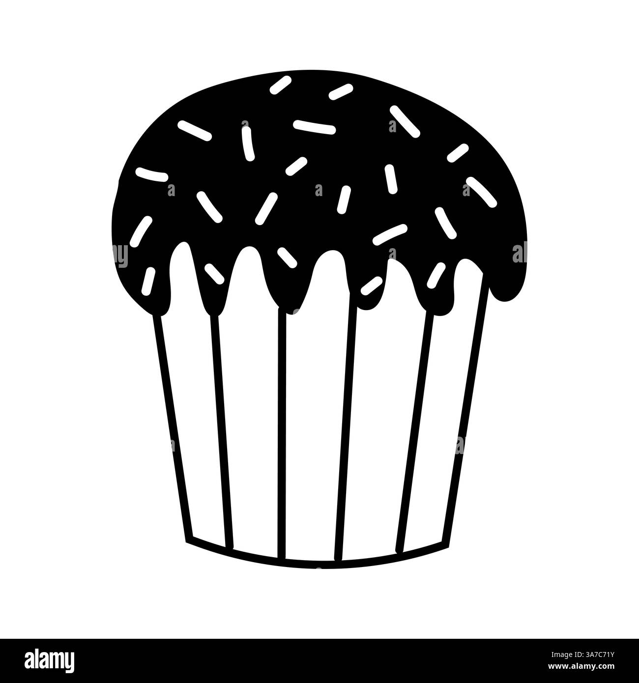 Schwarz-weißer Cupcake mit Schokoladenfrosting und Streuseln darüber in schlichtem Cartoon-Stil Stock Vektor